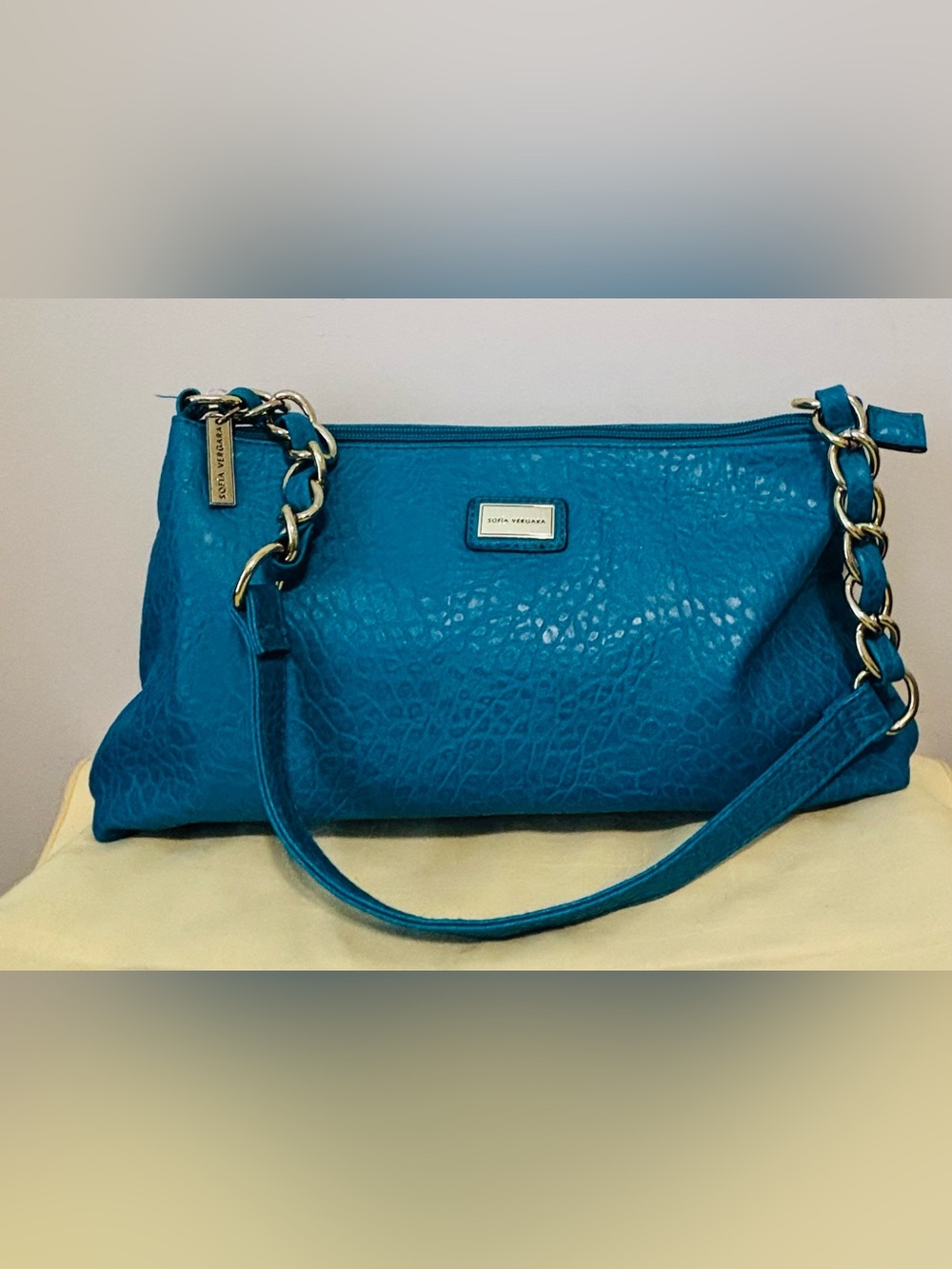 Sofia Vergara Handbag Women's Teal Faux Leather Chain Strap Shoulder Bag EUC